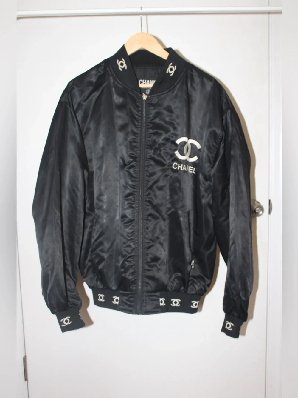 Vintage Thrifted Chanel-Inspired Black Logo Bomber Jacket (NOT REAL CHANEL)